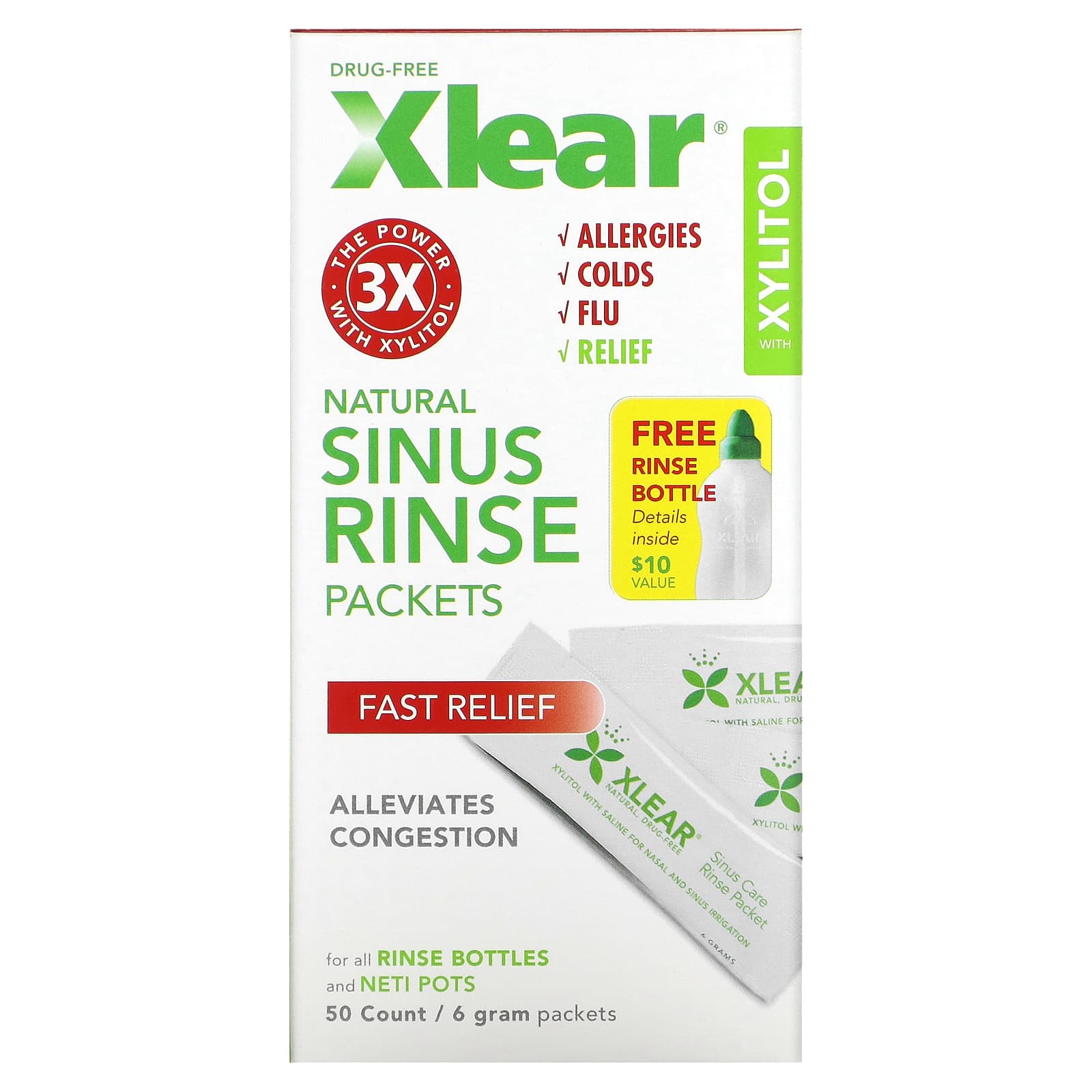 Xlear, Natural Sinus Rinse Packets, Fast Relief, 50 Count, 6 g Each