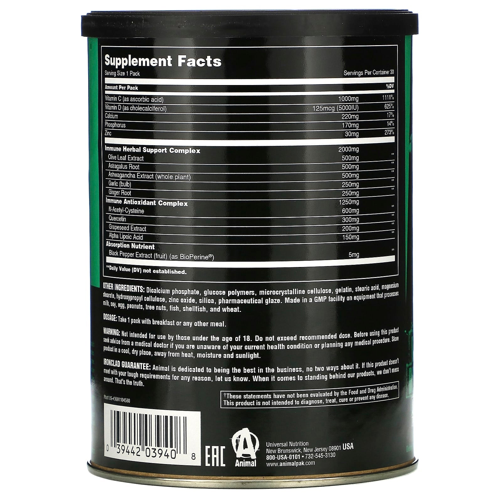 Animal, Immune Pak, Daily Defense, Training Packs, 30 Packs