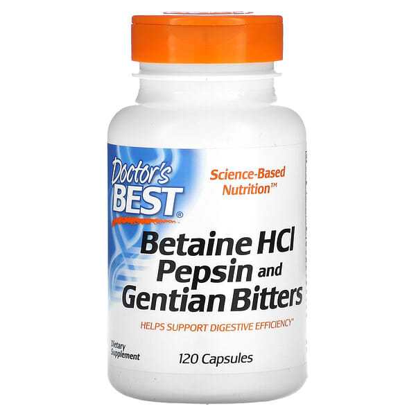 Doctor's Best Betaine HCl Pepsin and Gentian Bitters digestive supplement, 120 capsules bottle