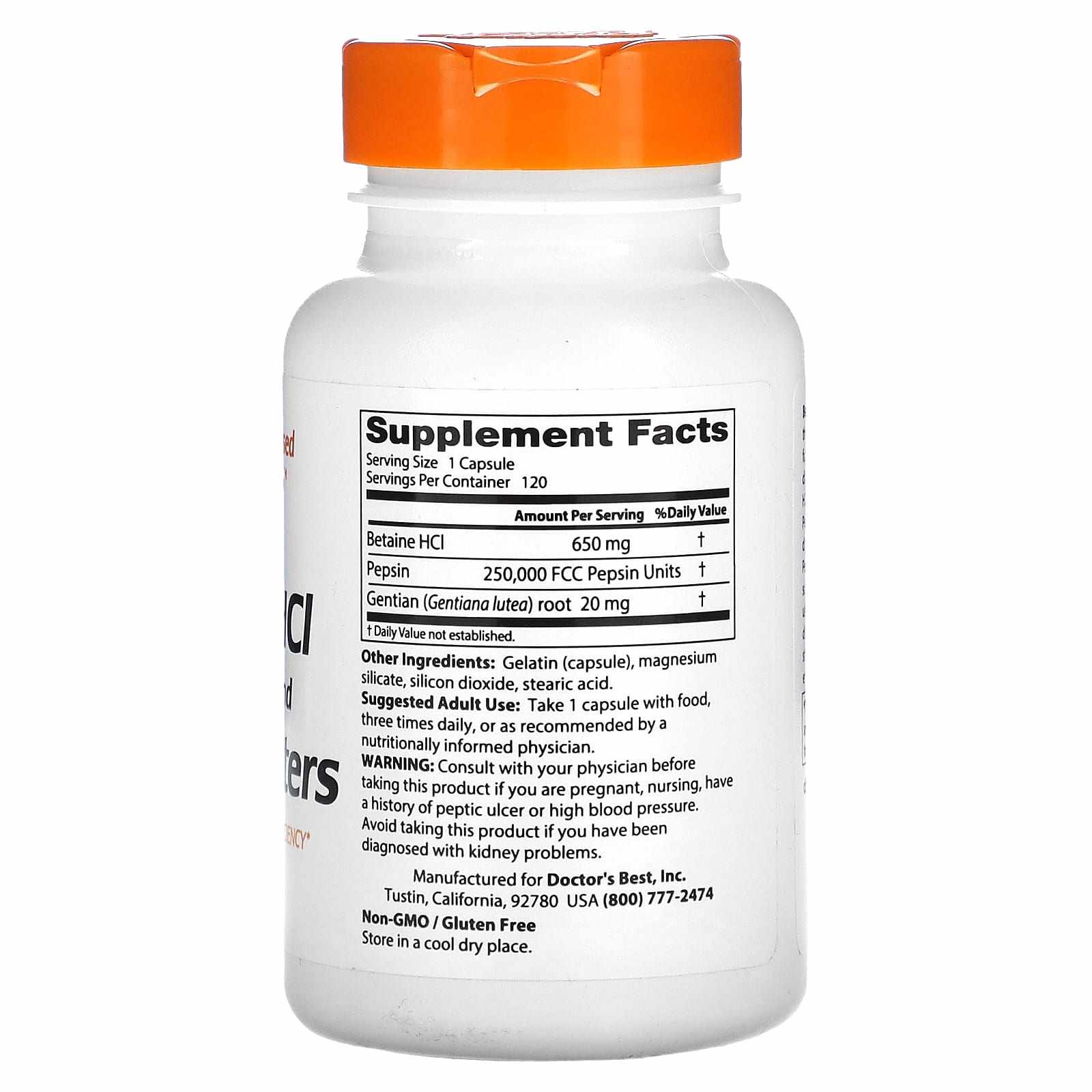 Doctor's Best, Betaine HCI Pepsin & Gentian Bitters, 120 Capsules