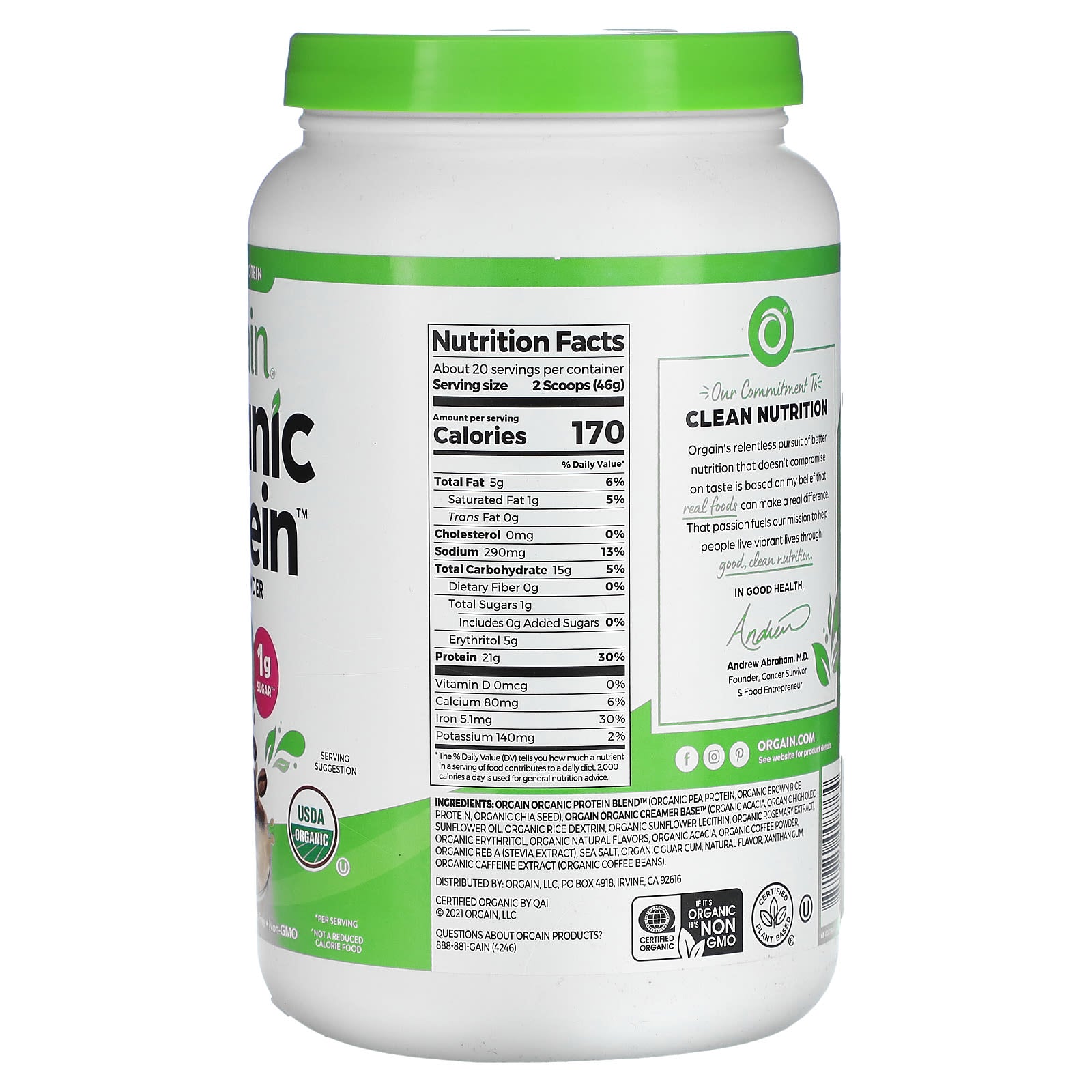 Orgain, Organic Protein Powder, Iced Coffee, 2.03 lbs (920 g)