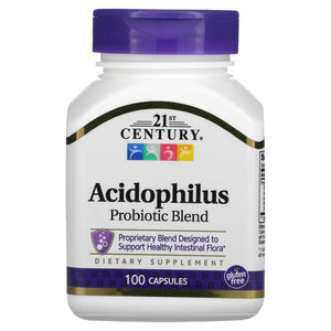 21st Century Acidophilus Probiotic Blend dietary supplement bottle with 100 capsules and gluten-free label