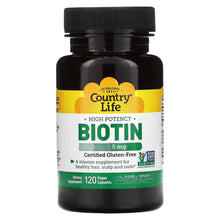 Load image into Gallery viewer, Country Life, High Potency Biotin, 5 mg, 120 Vegan Capsules
