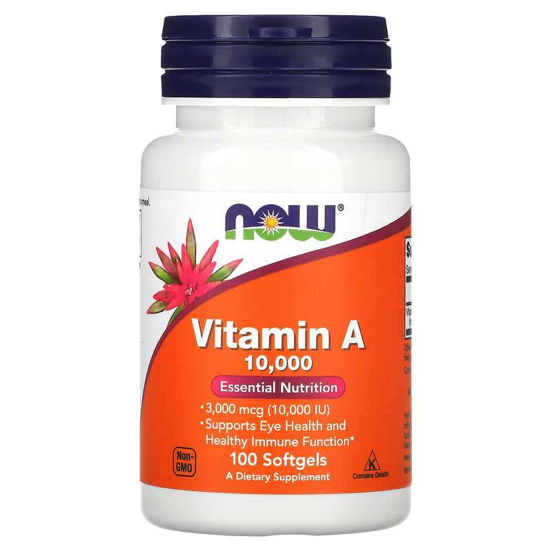 Now Foods Vitamin A 10,000 IU dietary supplement bottle with 100 softgels for eye and immune health