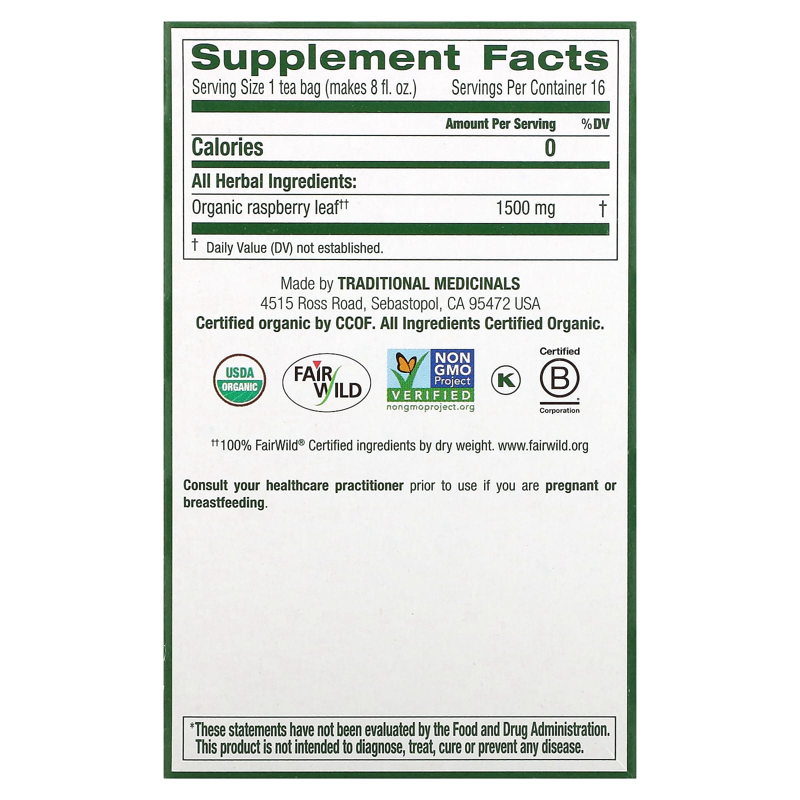 Traditional Medicinals, Organic Raspberry Leaf, Caffeine Free, 16 Wrapped Tea Bags, 0.05 oz (1.5 g) Each