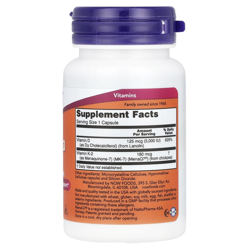 Complément Alimentaire Now Foods Mega D3 4000 UI + K2 MK-7 180 Mcg - 60 Gélules - Neuf