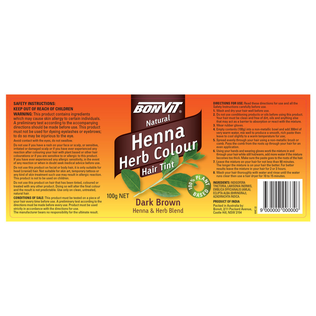 Bonvit Henna Herb Colour Hair Tint Dark Brown 100g