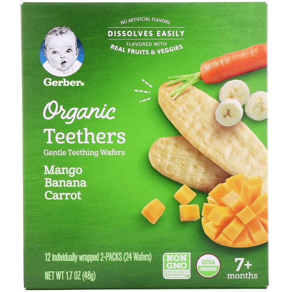 Gerber Organic Teethers Gentle Teething Wafers 7+ Months Mango Banana Carrot 24 Wafers 1.7 oz (48g)