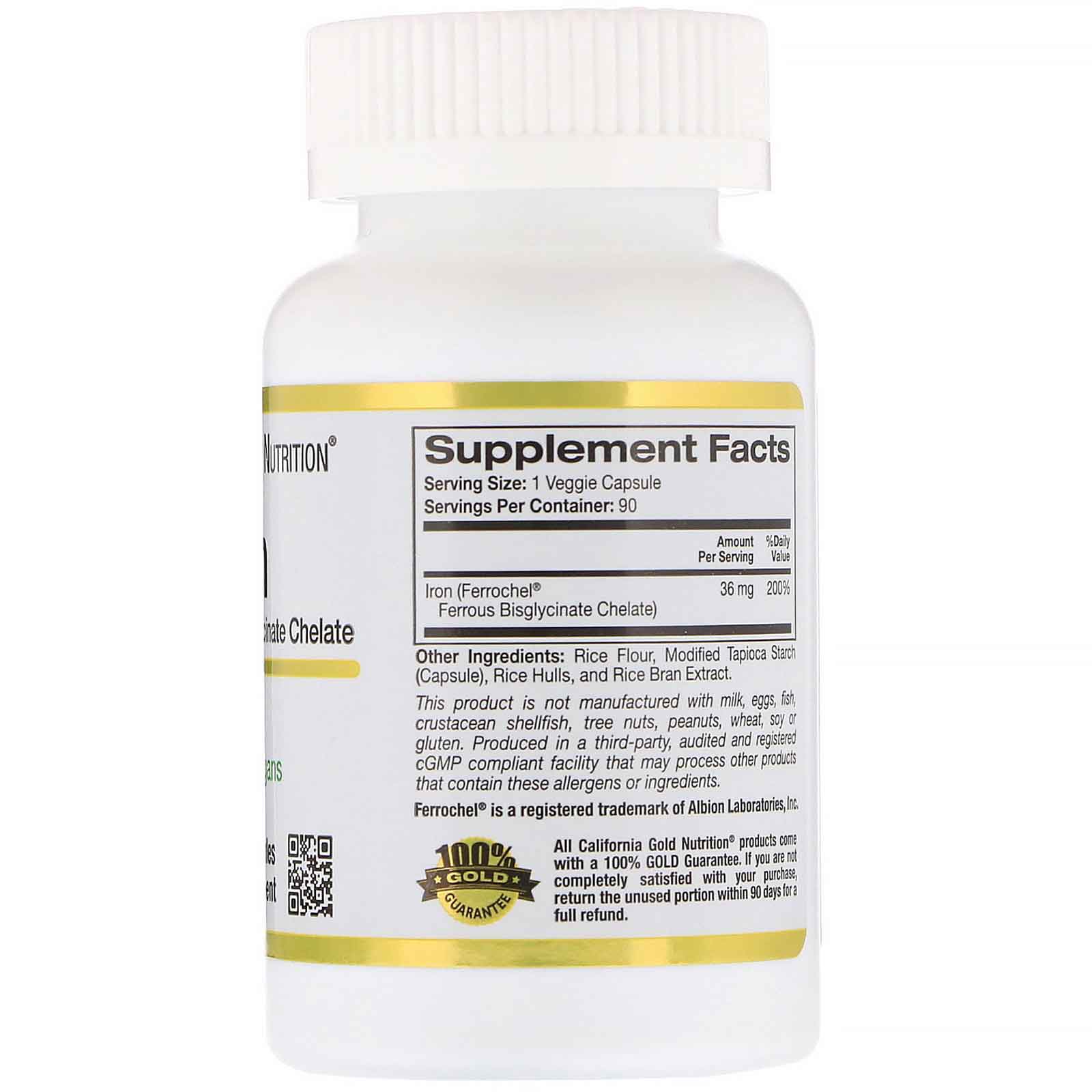 California Gold Nutrition Ferrochel Iron (Bisglycinate) 36mg 90 Veggie Capsules