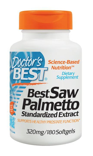 Doctor's Best Saw Palmetto 320mg standardized extract dietary supplement bottle with 180 softgels for prostate health