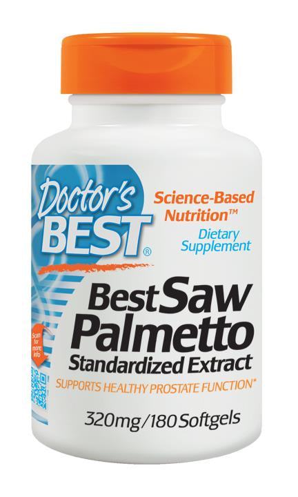 Doctor's Best Saw Palmetto 320mg standardized extract dietary supplement bottle with 180 softgels for prostate health