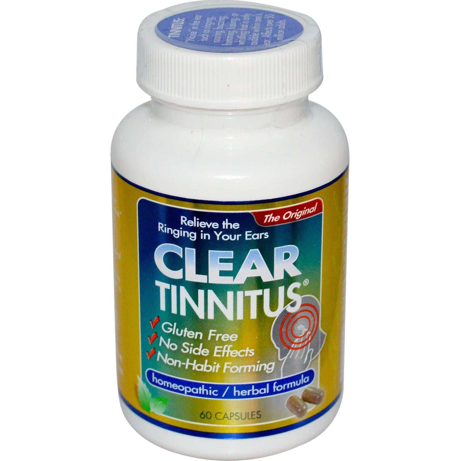 Clear Products Clear Tinnitus supplement bottle 60 capsules gluten free homeopathic formula for ear ringing relief