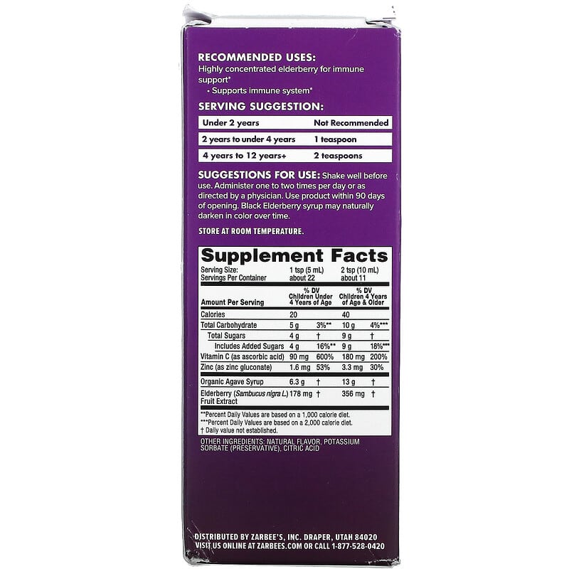 Zarbee's, Black Elderberry Syrup with Real Elderberry, Vitamin C and Zinc, For Children 2 Years +, 4 fl oz (118 ml)
