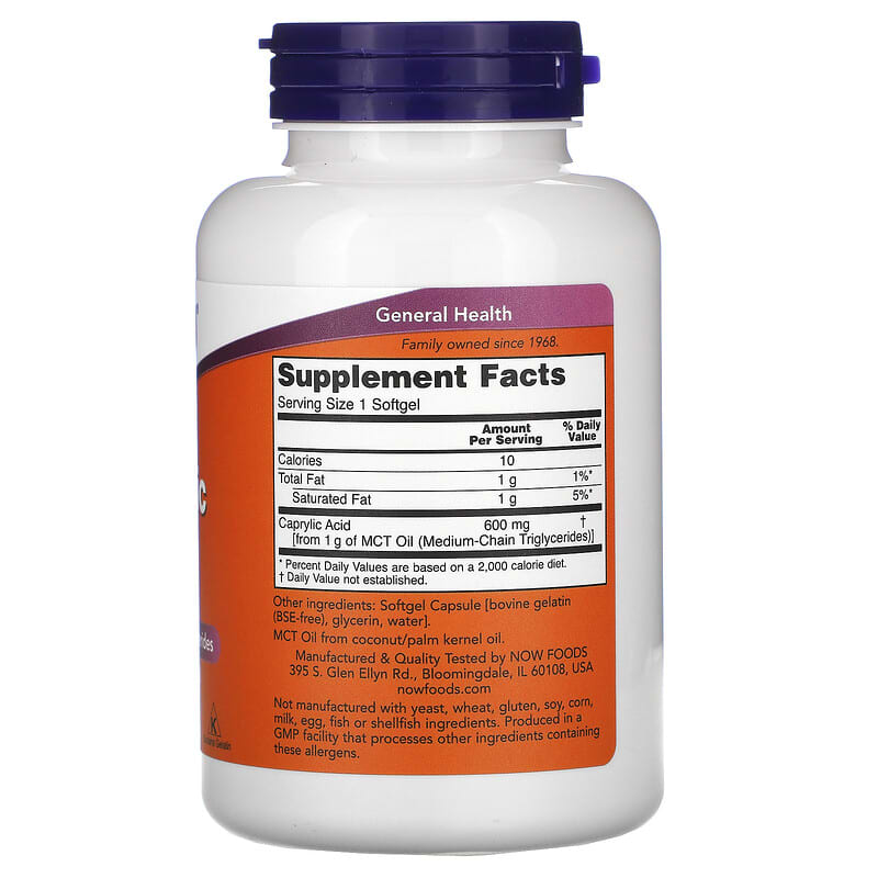 Now Foods Caprylic Acid 600mg 100 Softgels - Dietary Supplement