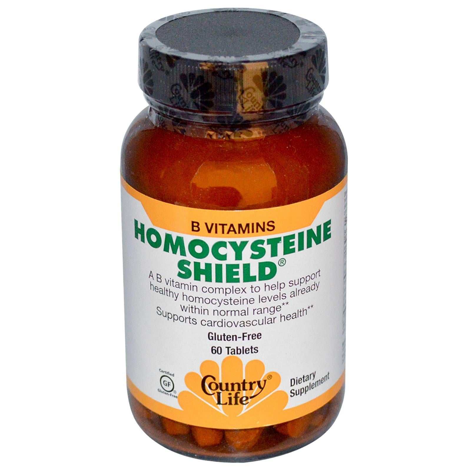 Country Life Gluten Free Homocysteine Shield B Vitamins dietary supplement bottle with 60 tablets