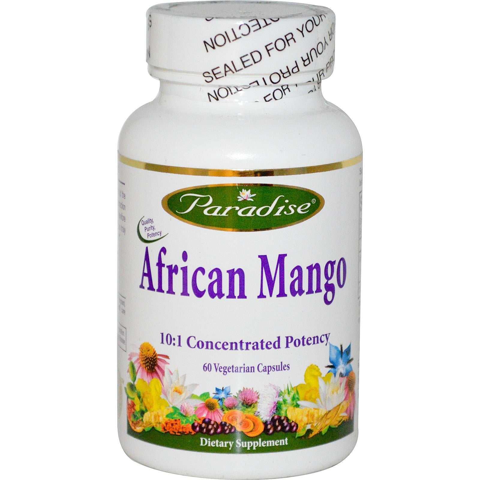 Paradise Herbs African Mango dietary supplement bottle with 60 veggie capsules and 10:1 concentrated potency