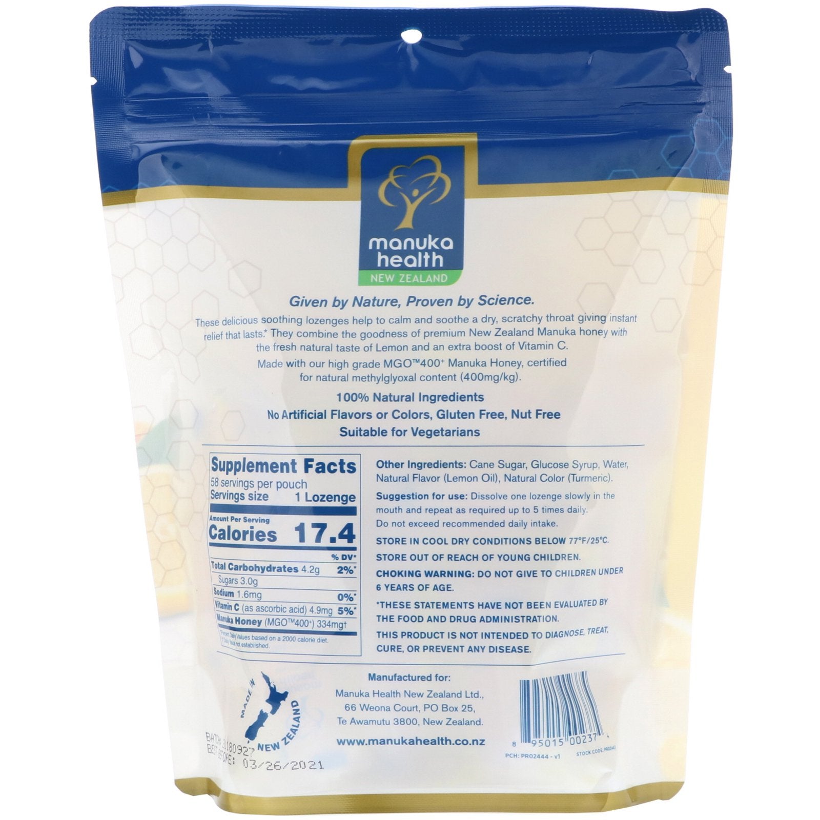 Manuka Health Manuka Honey Lozenges MGO 400+ Lemon 58 Lozenges