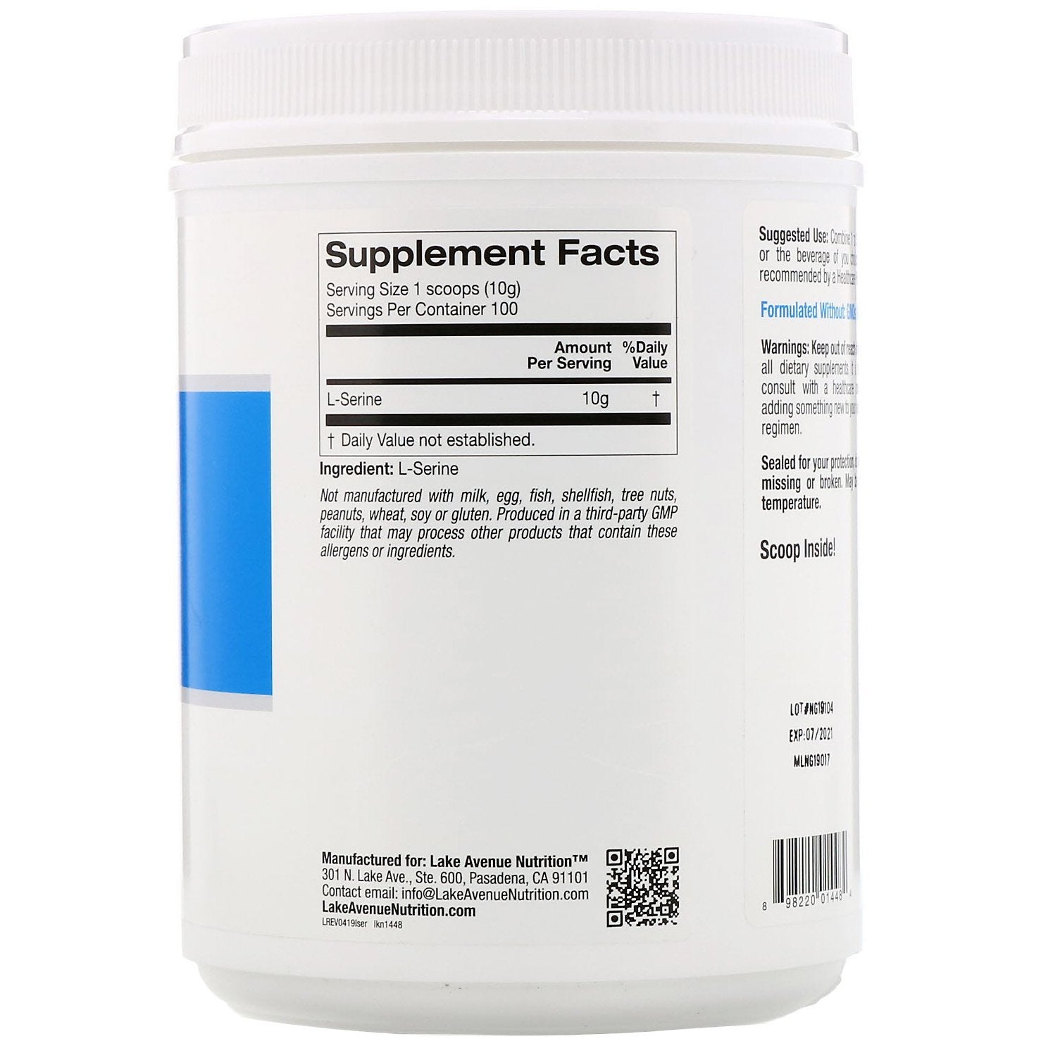 Lake Ave Nutrition L-Serine Unflavored Powder 2.2 lb (1kg)