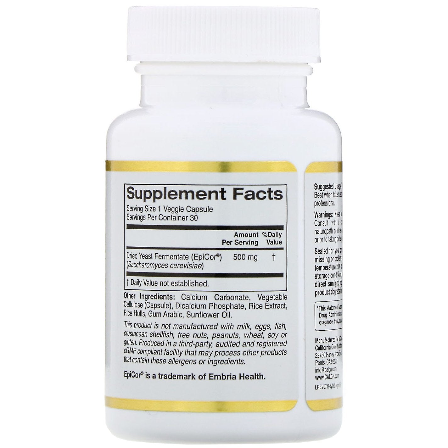 California Gold Nutrition EpiCor Dried Yeast Fermentate 500mg 30 Veggie Capsules