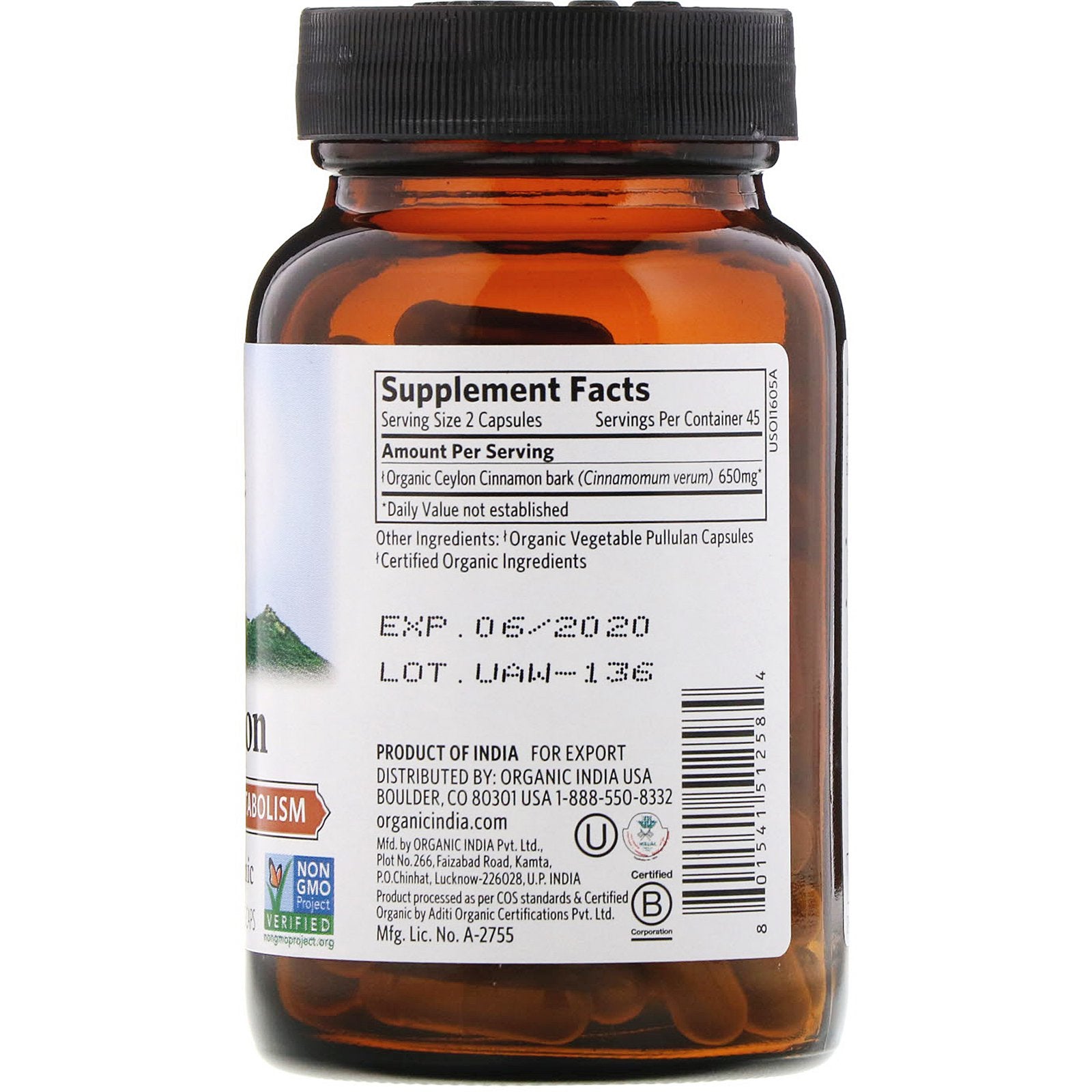 Organic India, Ceylon Cinnamon, 650 mg, 90 Vegetarian Caps (325 mg per Capsule)