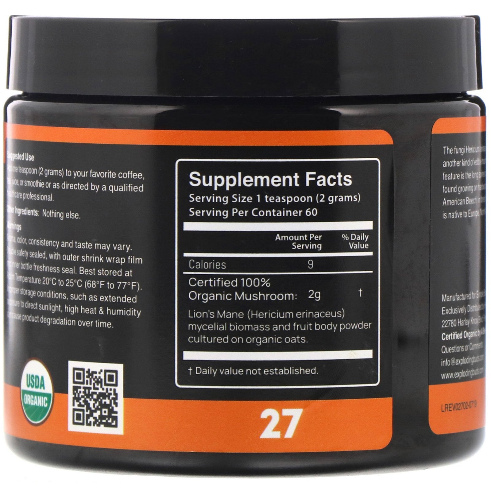 Exploding Buds Lion's Mane Certified Organic Mushroom Powder 4.2 oz (120g)