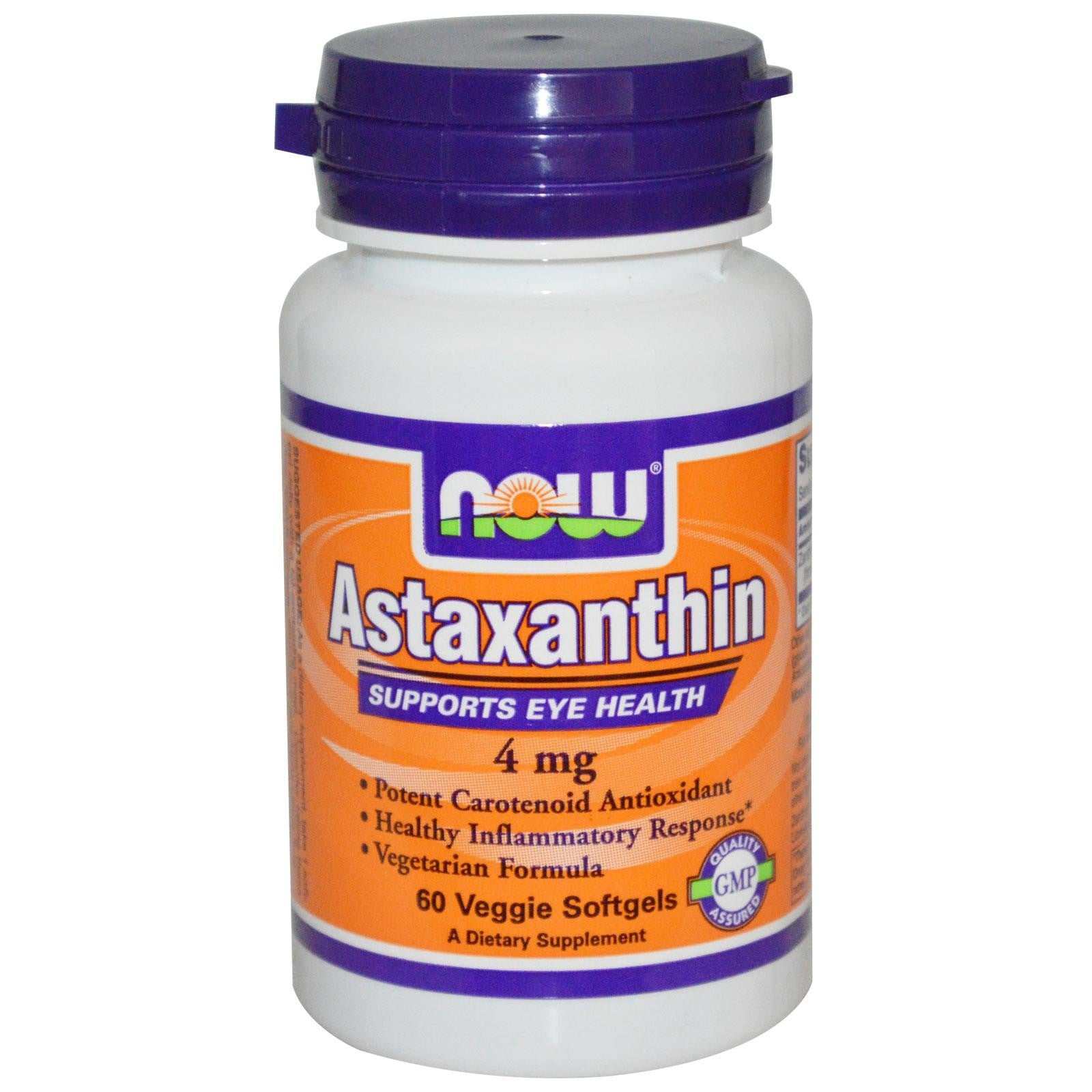 Now Foods Astaxanthin 4mg 60 vegetarian softgel capsules antioxidant supplement for eye health and inflammation support