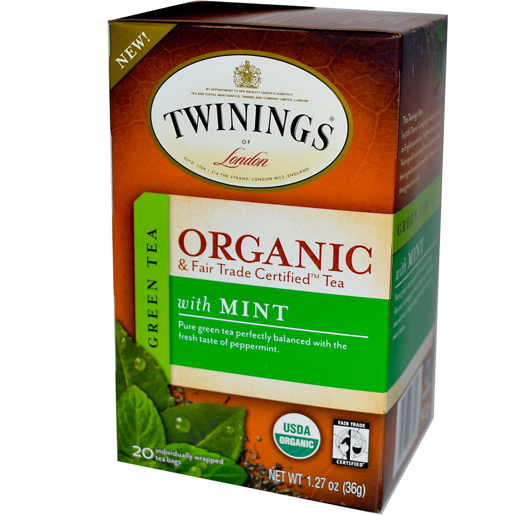 Twinings, 100% Organic, Green Tea with Mint, 20 Tea Bags, 36 g