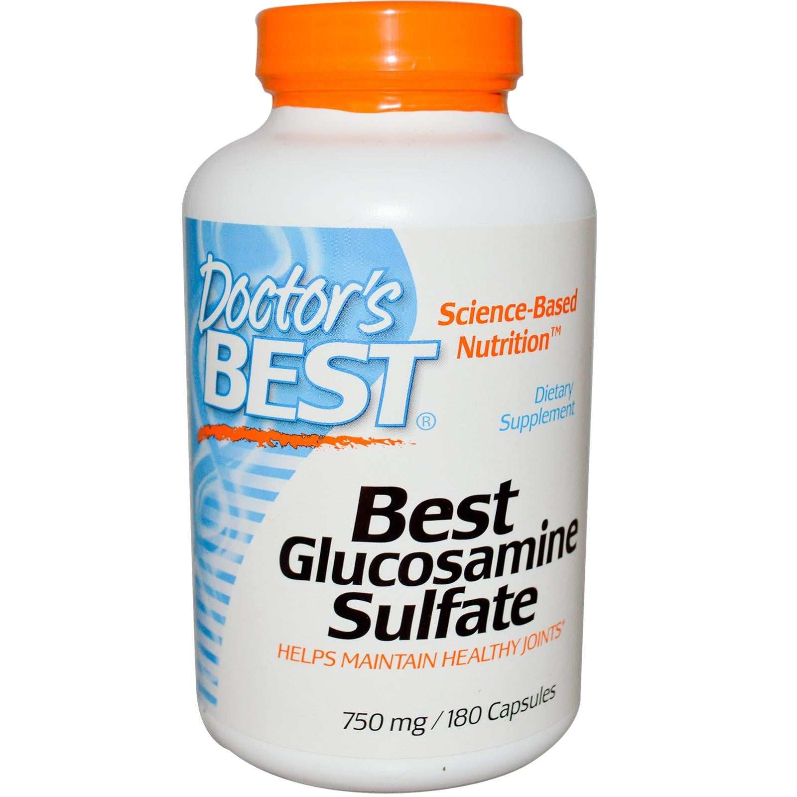 Doctor's Best Vegan Glucosamine Sulfate 750 mg dietary supplement bottle with orange cap, 180 veggie capsules for joint health