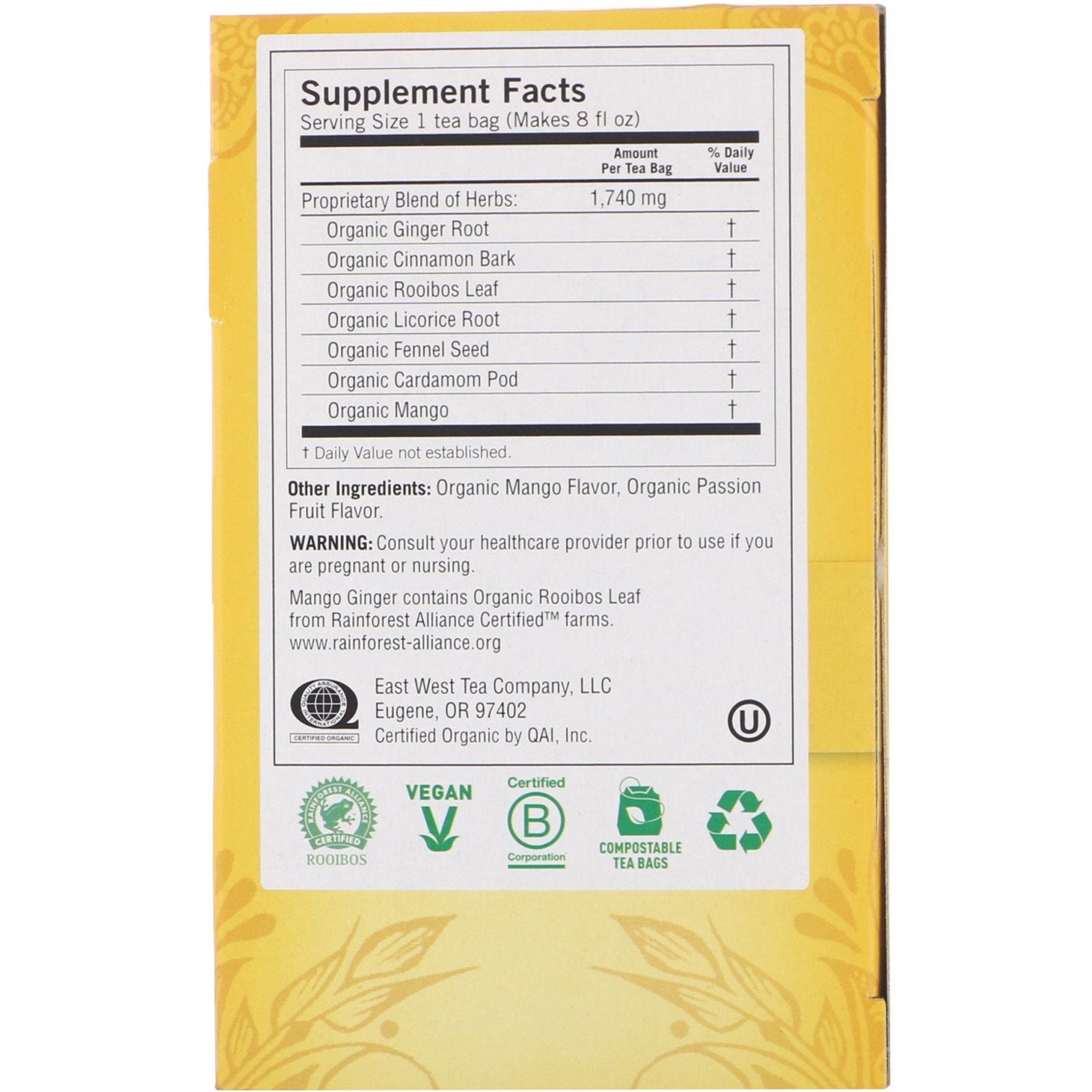 Yogi Tea Organic Mango Ginger Caffeine Free 16 Tea Bags 1.12 oz (32g)