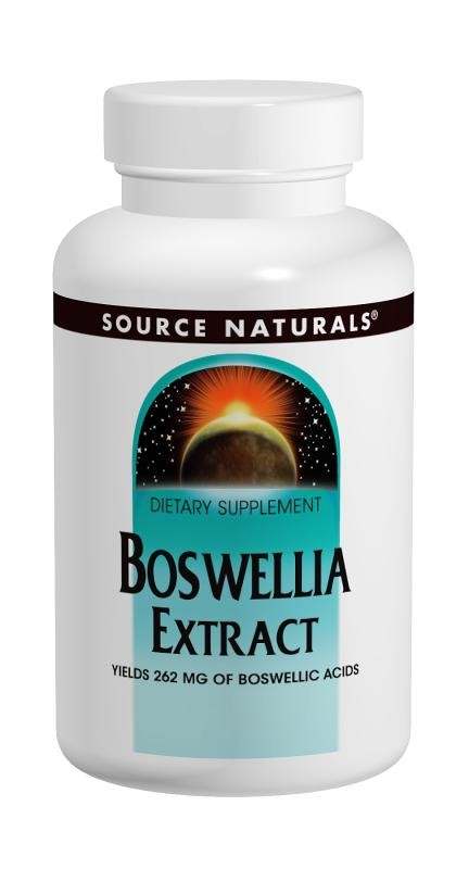 Source Naturals Boswellia Extract dietary supplement bottle with 375mg tablets, containing 262mg boswellic acids for joint support.