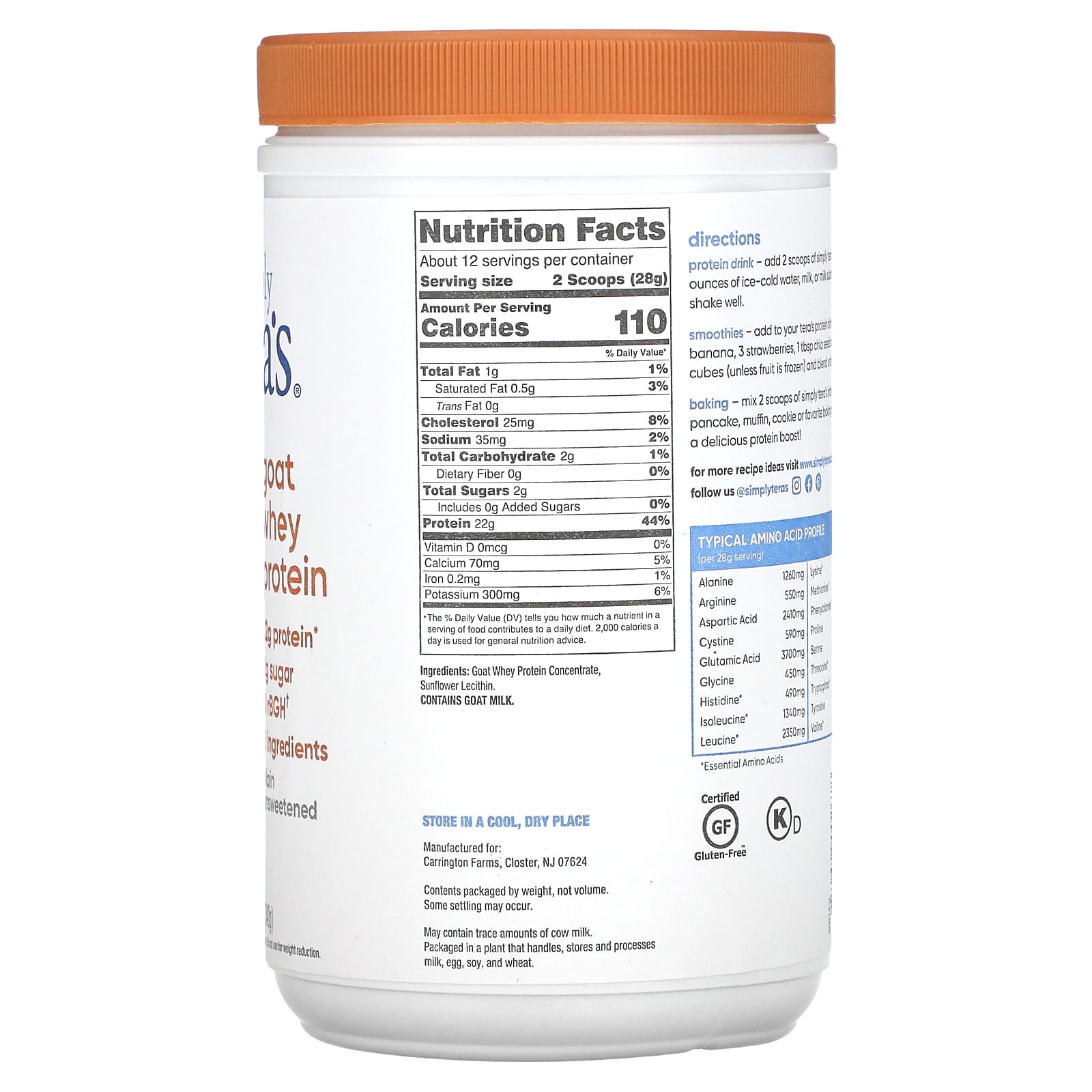 Tera's Whey Goat Whey Unsweetened & Plain 340 g - Dietary Supplement