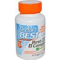 Doctor's Best B Complex dietary supplement bottle with 30 vegan capsules and Quatrefolic for optimal absorption and energy support