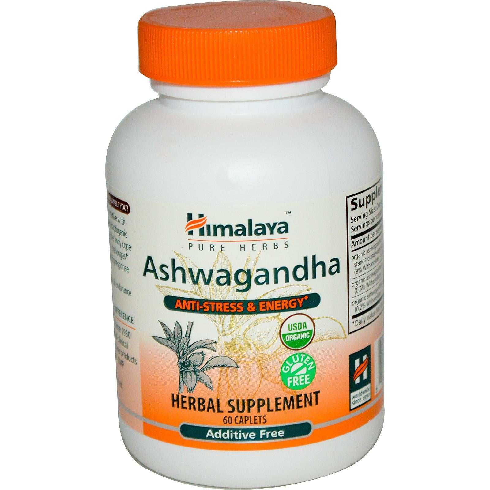 Himalaya Herbal Healthcare Ashwagandha organic herbal supplement 60 caplets, anti-stress and energy boosting, gluten-free and additive free.