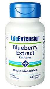 Life Extension Blueberry Extract capsules bottle with blue cap, dietary supplement, 60 vegetarian capsules, antioxidant support