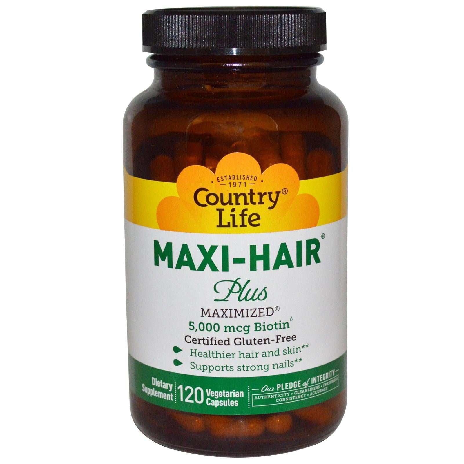 Country Life Gluten Free Maxi Hair Plus 120 vegetarian capsules with 5,000 mcg biotin for hair, skin, and nail health.