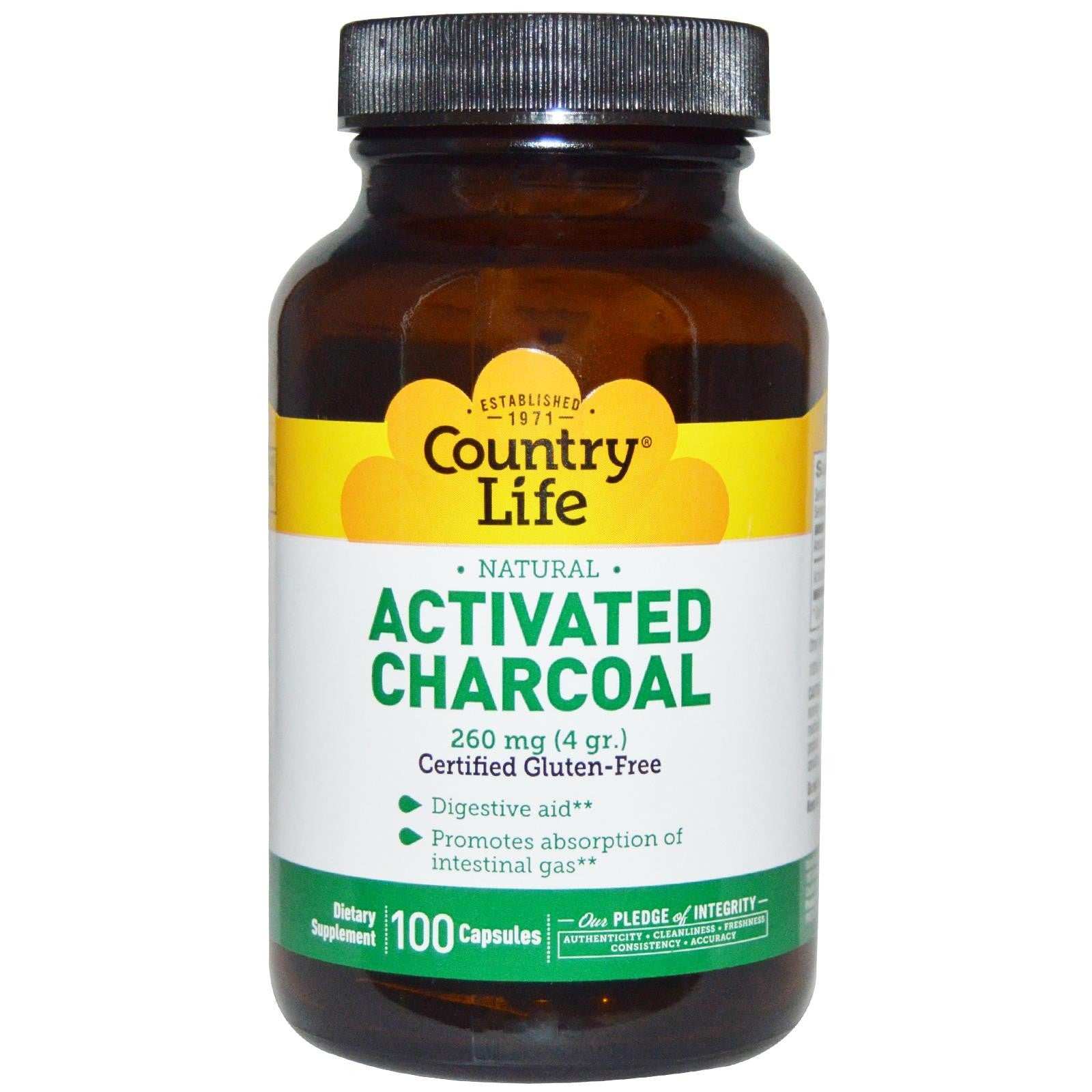 Country Life Activated Charcoal 260mg natural gluten-free dietary supplement capsules bottle 100 count