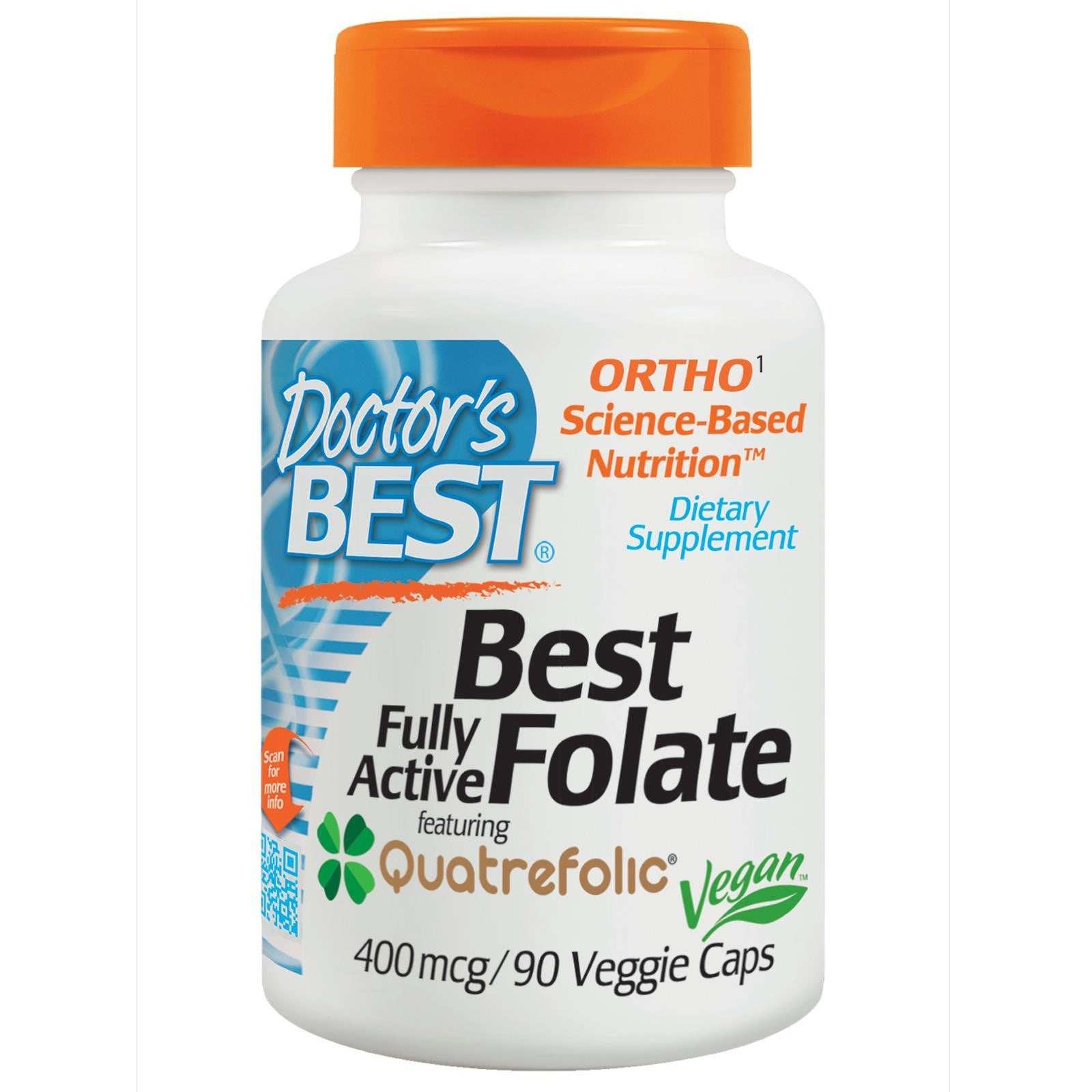 Doctor's Best Best Folate Fully Active Quatrefolic 400mcg vegan dietary supplement bottle with orange cap and white label