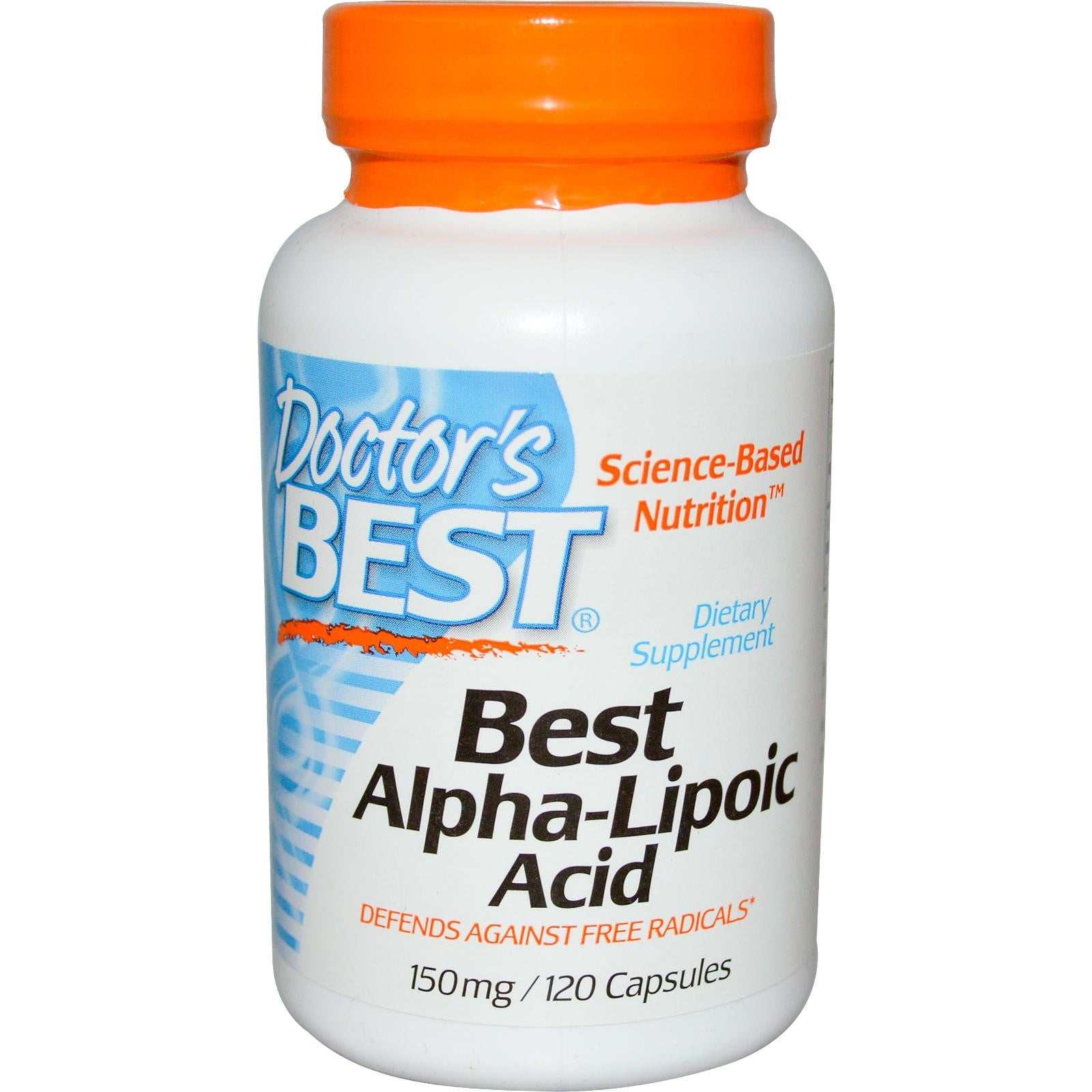 Doctor's Best Alpha Lipoic Acid 150mg dietary supplement bottle with 120 capsules, antioxidant support