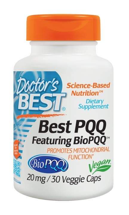 Doctor's Best PQQ dietary supplement bottle with 20mg BioPQQ, 30 vegan capsules, orange cap, promotes mitochondrial function.