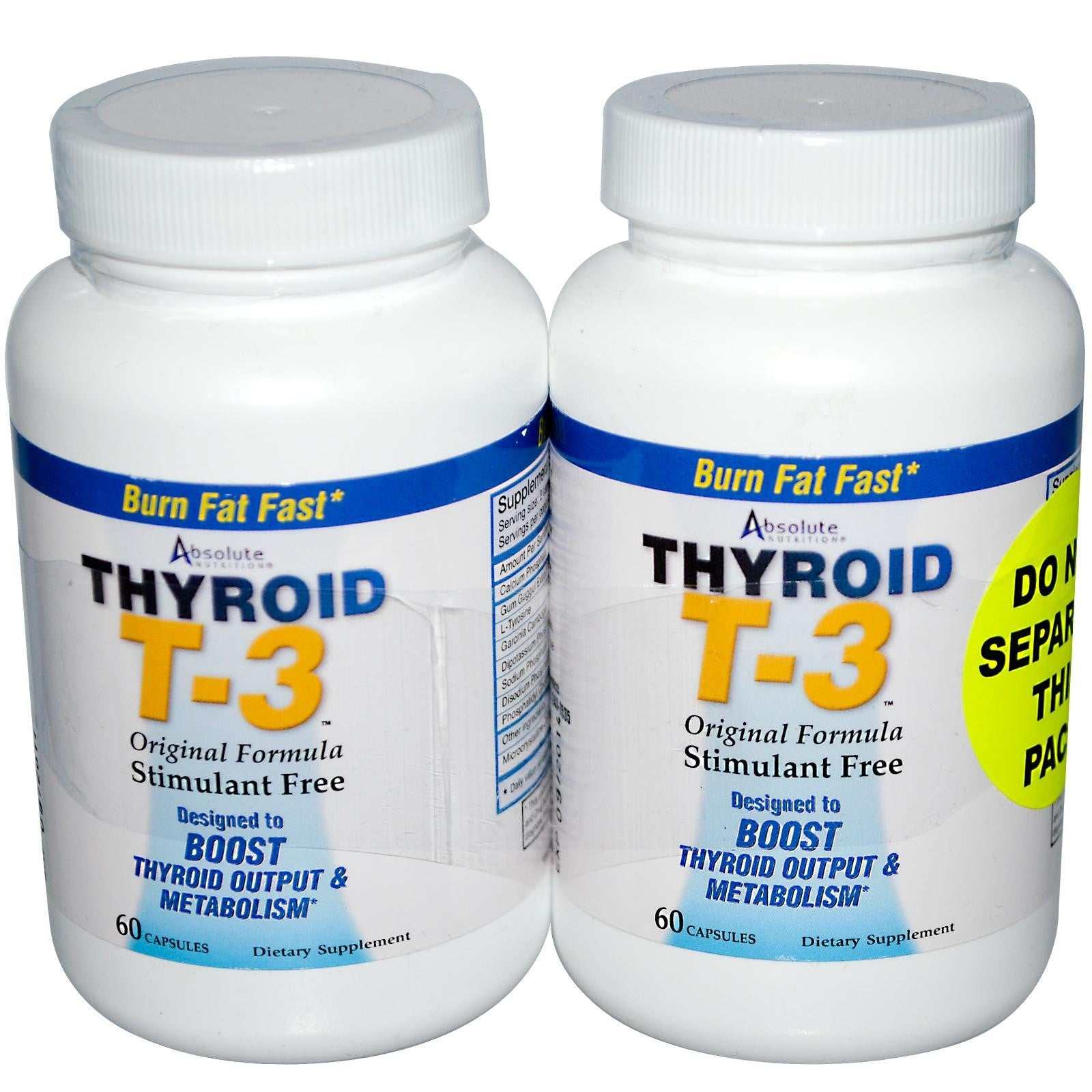 Absolute Nutrition Thyroid T-3 stimulant-free dietary supplement bottles with 60 capsules each for boosting thyroid output and metabolism.