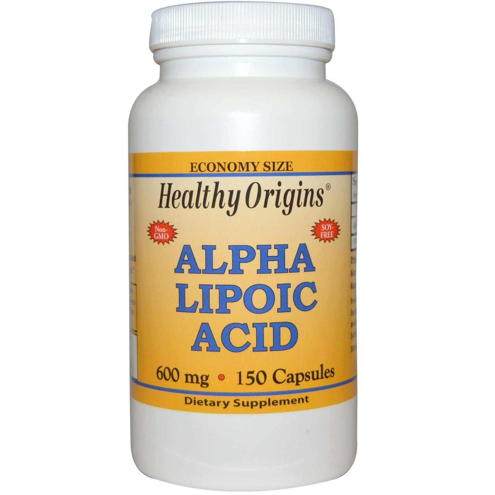 Healthy Origins Alpha Lipoic Acid 600mg dietary supplement bottle with 150 capsules, economy size, non-GMO and soy free.