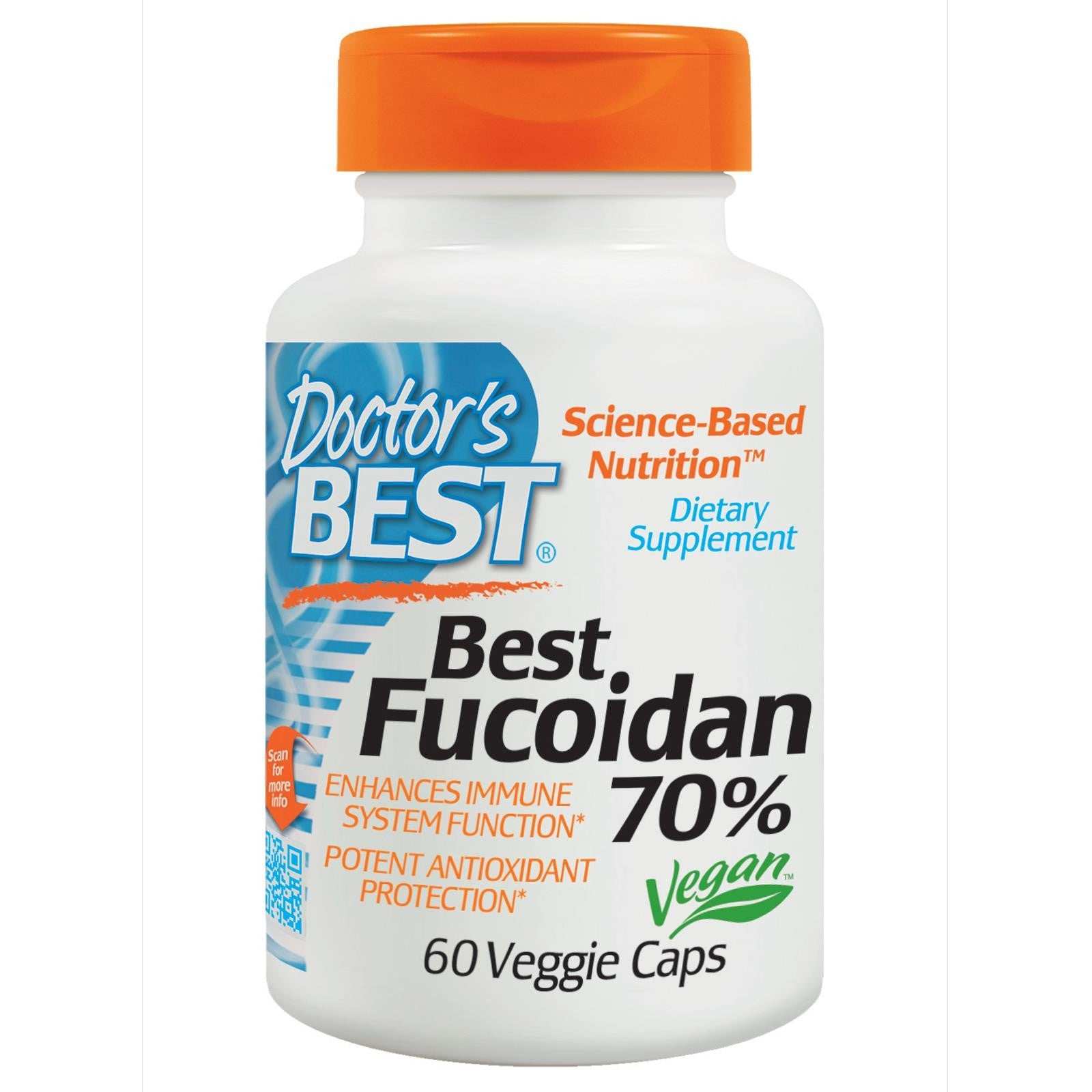 Doctor's Best Fucoidan 70% dietary supplement bottle with 60 vegan capsules for immune support and antioxidant protection