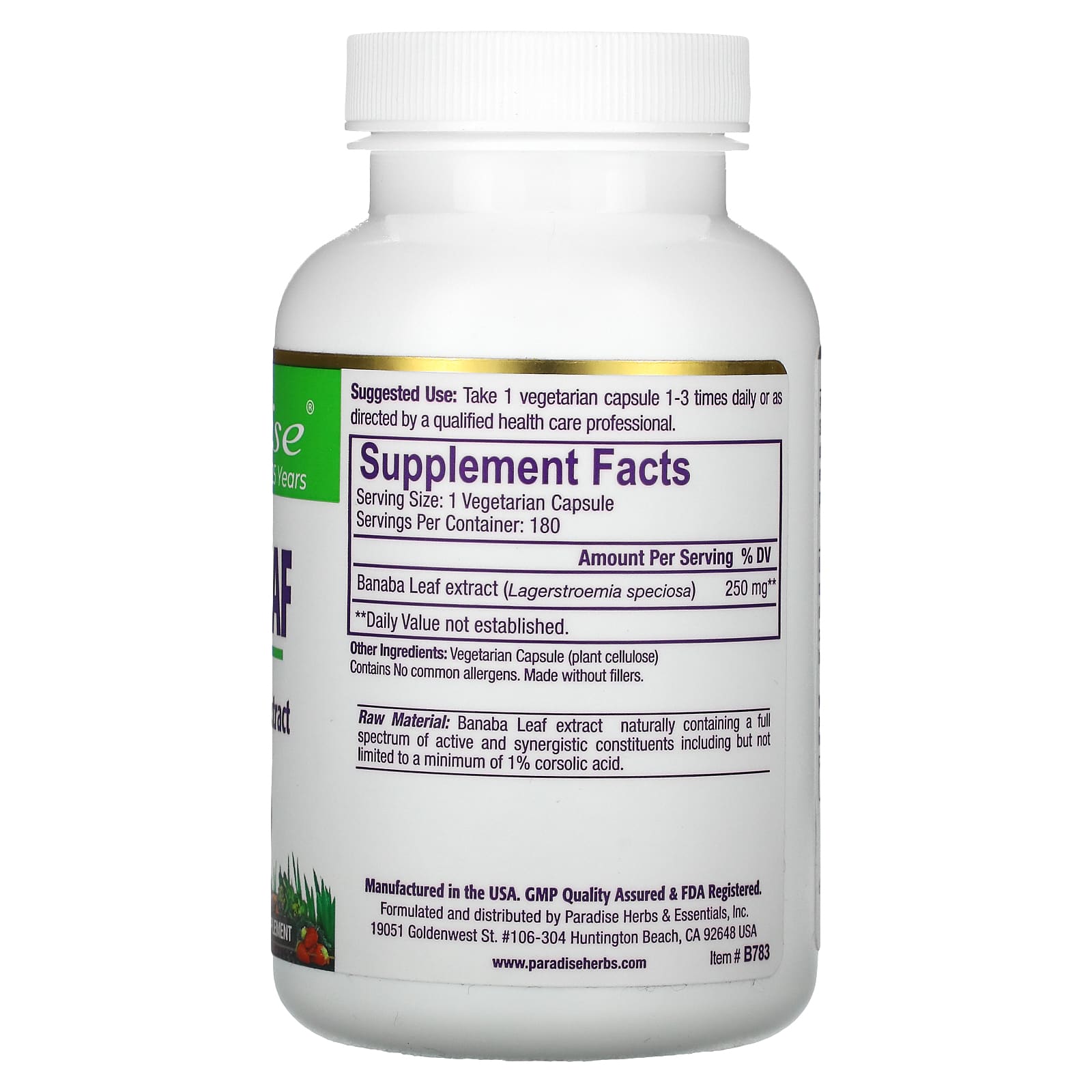 Paradise Herbs, Banaba Leaf, 180 Vegetarian Capsules