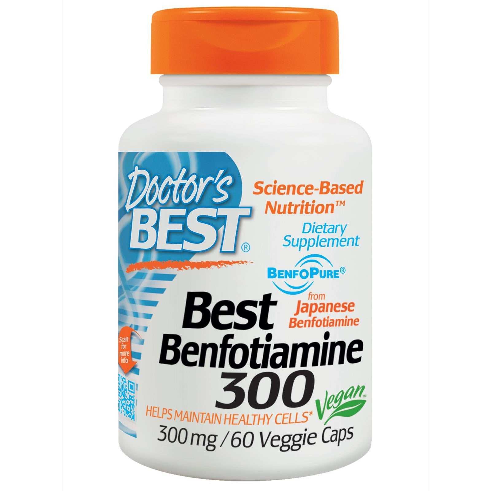 Doctor's Best Benfotiamine 300mg dietary supplement bottle with 60 veggie capsules, vegan and science-based nutrition label