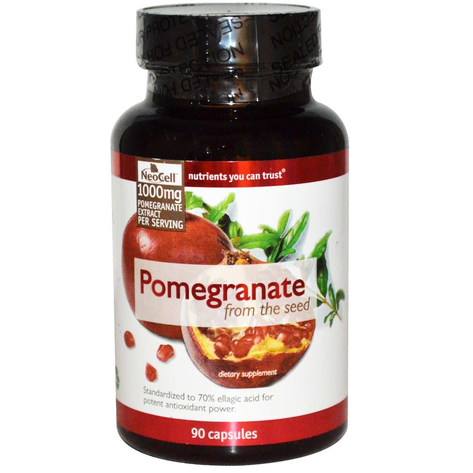 Neocell Pomegranate dietary supplement bottle with 1000mg pomegranate extract capsules, standardized to 70% ellagic acid antioxidant power