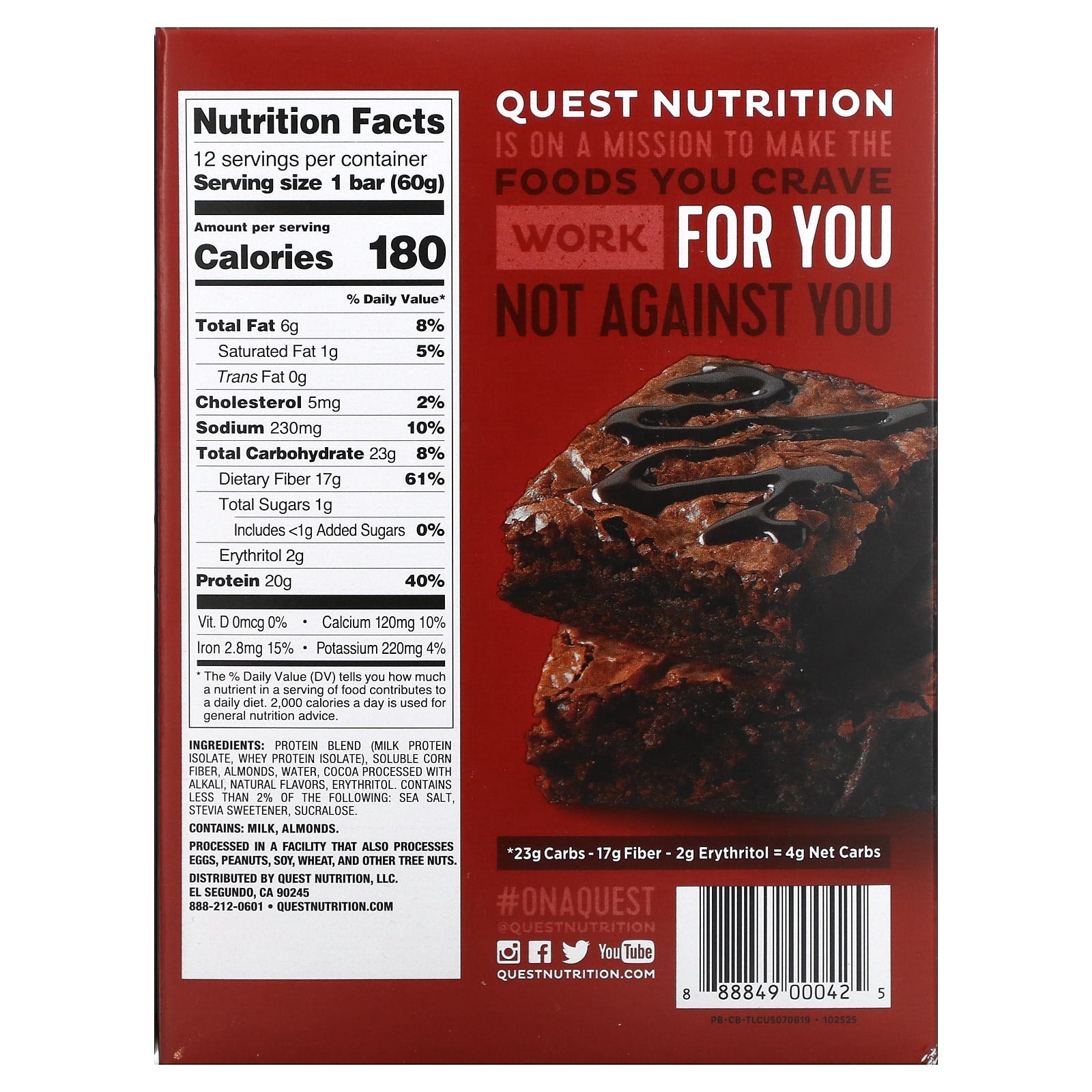 Quest Nutrition Protein Bar Chocolate Brownie 12 Bars 60g Each