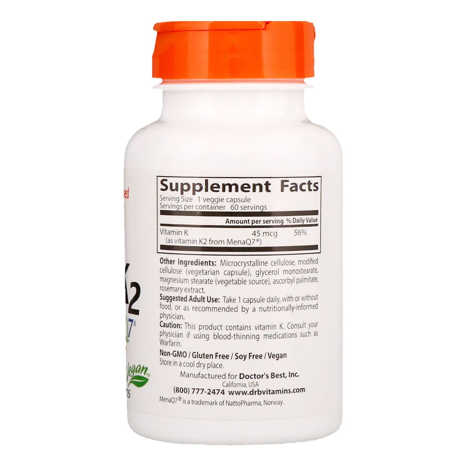 Doctor's Best Natural Vitamin K2 MK-7 with MenaQ7 45mcg 60 Veggie Caps