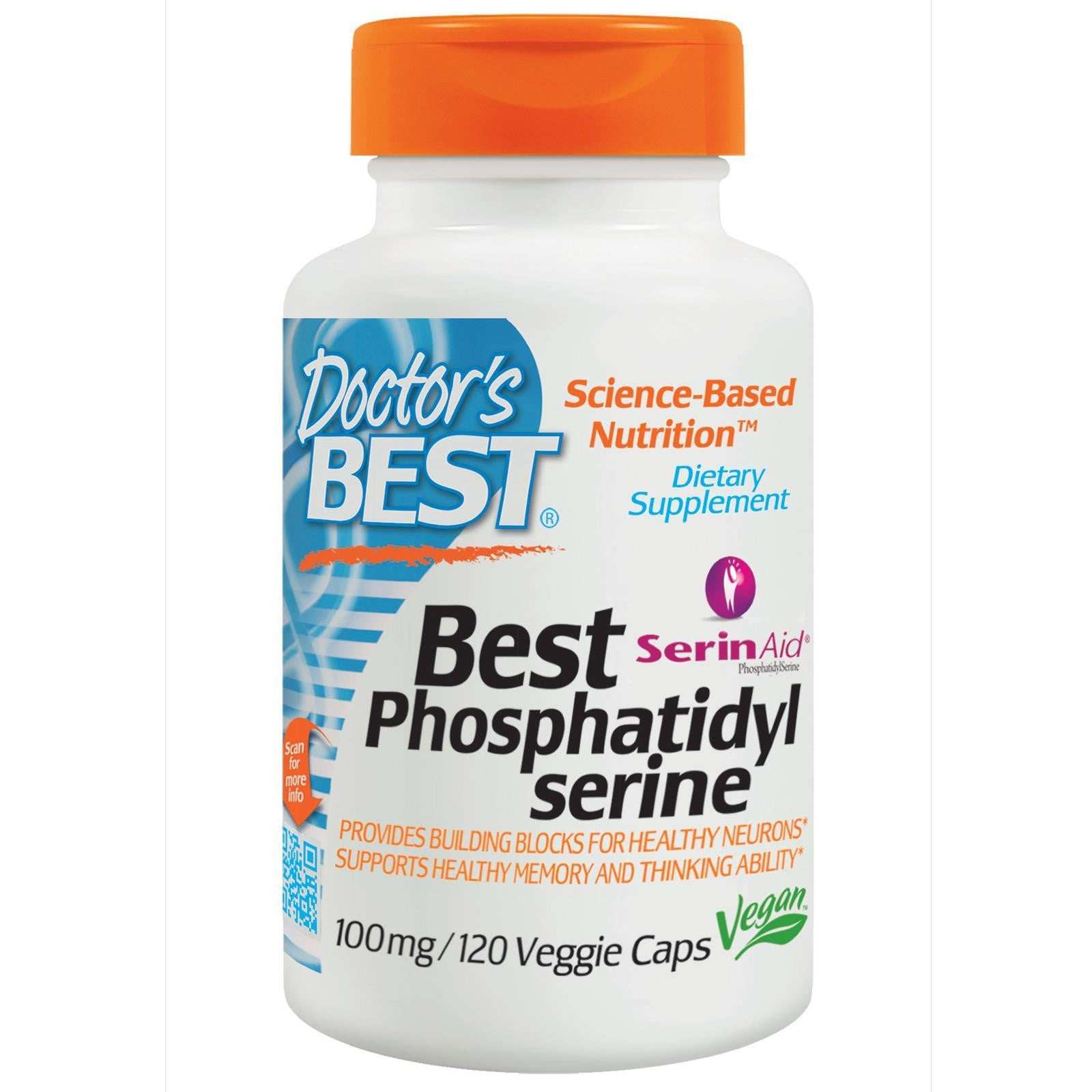 Doctor's Best Phosphatidylserine 100mg dietary supplement bottle with 120 veggie capsules for brain health and memory support
