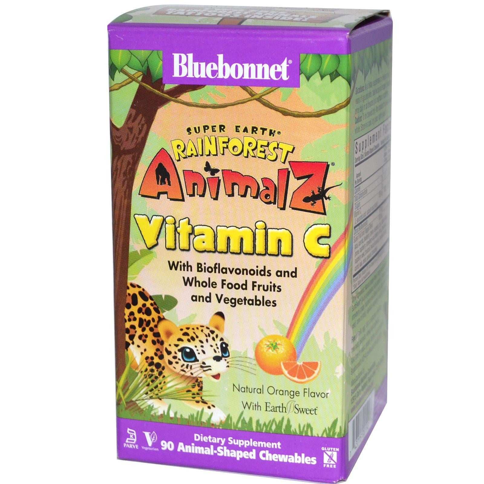 Bluebonnet SuperEarth Rainforest Animalz Vitamin C chewable supplements with natural orange flavor and animal-shaped chewables, 90 count