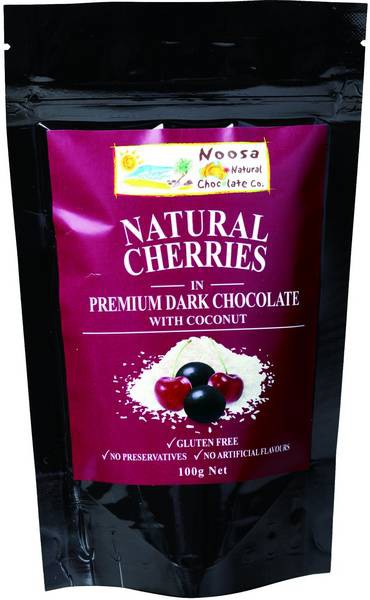 Noosa Natural Chocolate Co., Natural Cherries in Dark Chocolate with Coconut, 100 g